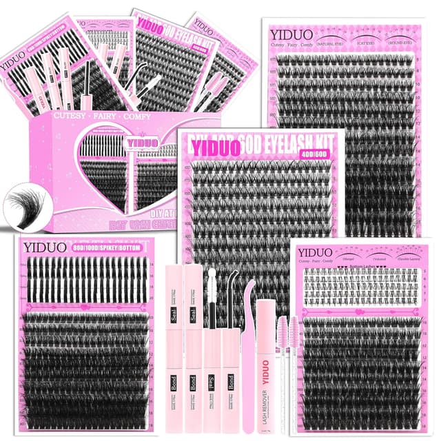 Detalle de YIDUO 4 Styles Lash Clusters Kit (40D/60D/80D/100D) with Spikes & Bottom Clusters, 2X Bond & Seal