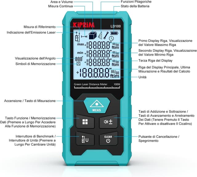 Detalle de Kiprim LD100 Metro Laser Professionale verde fino a 100 m, ±2 mm, Classe II, USB-C ricaricabile