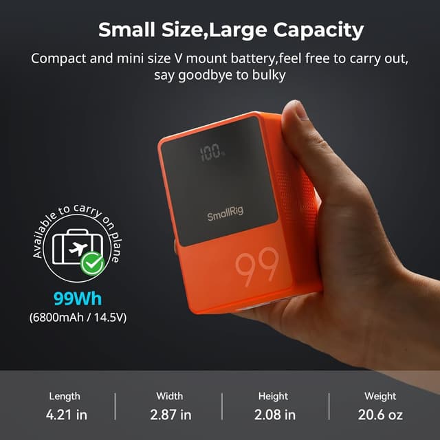Detalle de SmallRig V Mount Battery VB99 (99Wh / 6800mAh) with PD 100W fast charging, OLED screen and D-TAP
