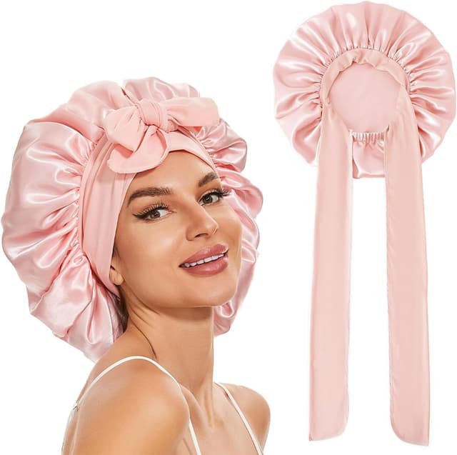 Detalle de GUGUGO Seidenhaube zum Schlafen (Satin/Silk Bonnet) verstellbar – Sakura Rosa