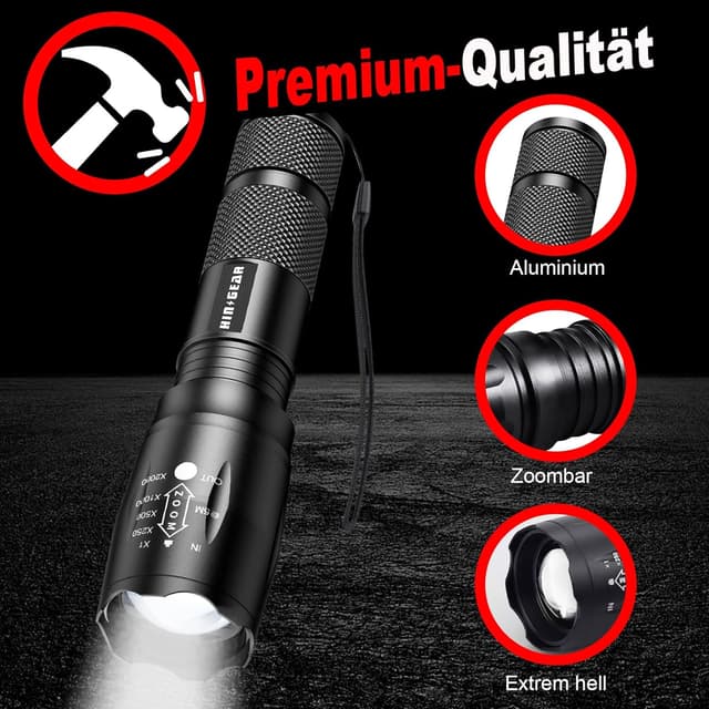 Detalle de HinsGEAR 1 Modus Taschenlampe (4er-Set) – extrem helle LED-Handlampe aus Aluminium, IP65, zoombar