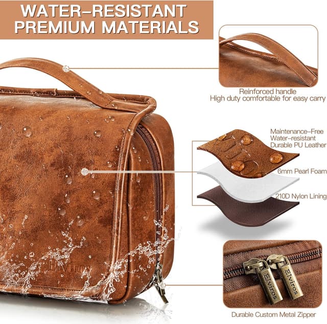 Detalle de Elviros 3-in-1 Hanging Toiletry Bag (Brown) – water-resistant PU dopp kit organiser