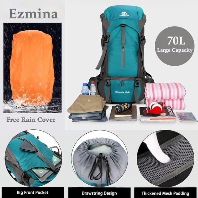 Detalle de Ezmina 70L Hiking Backpack with Rain Cover – Lightweight trekking rucksack for large day trips