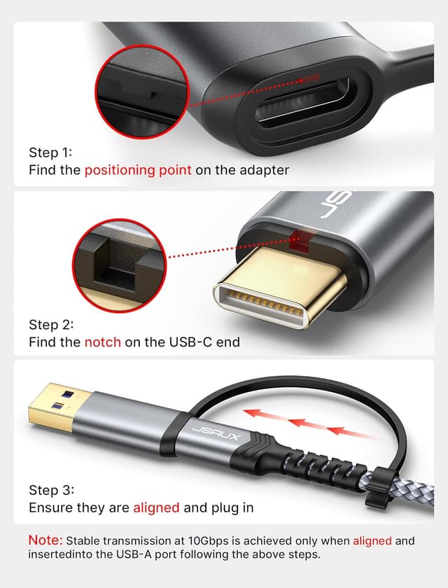 Detalle de JSAUX Hard Drive Cable 0.5m (Micro B to USB-C/A) 20Gbps nylon braided lead