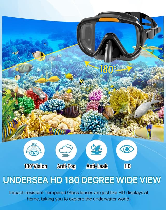 Detalle 2 de Ubekezele 4-in-1 Snorkeling Gear Set for Adults (Panoramic Mask, Dry-Top Snorkel, Adjustable Fins & Travel Bag)