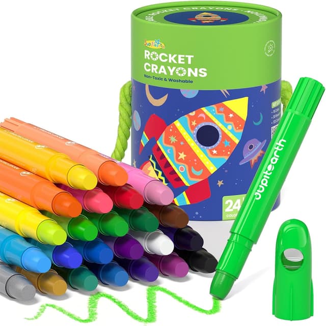 Detalle de JUPITEARTH 24 Colour Twistable Rocket Crayons (non-toxic, washable) for toddlers 1–3 with storage tub
