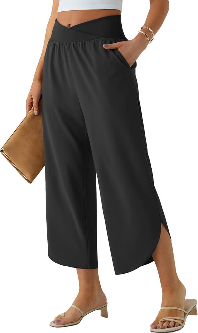 Detalle de Phophila Wide Leg Capri Pants for Women with Crossover High Waist and Pockets
