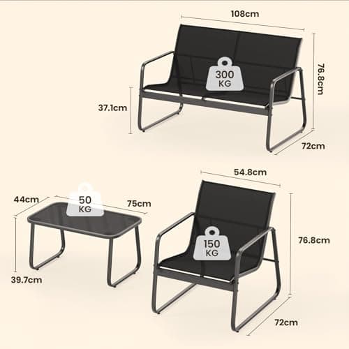 Detalle de Bealife conjunto de muebles de jardín de 4 piezas (3 sillones + mesa de vidrio) en tela Teslin, negro