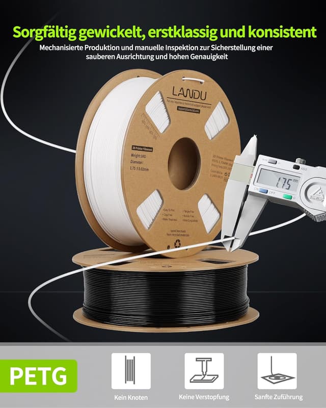 Detalle de LANDU PETG Filament 1,75 mm Schwarz (1 kg, 1,75mm) für 3D-Druck – Maßhaltigkeit ±0,02 mm