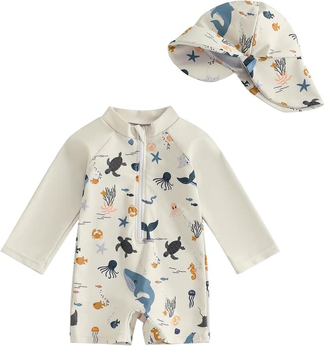 Detalle de WYTbaby Baby-Badeanzug Einteiler mit UV-Schutz (Langarm) inkl. Sonnenhut