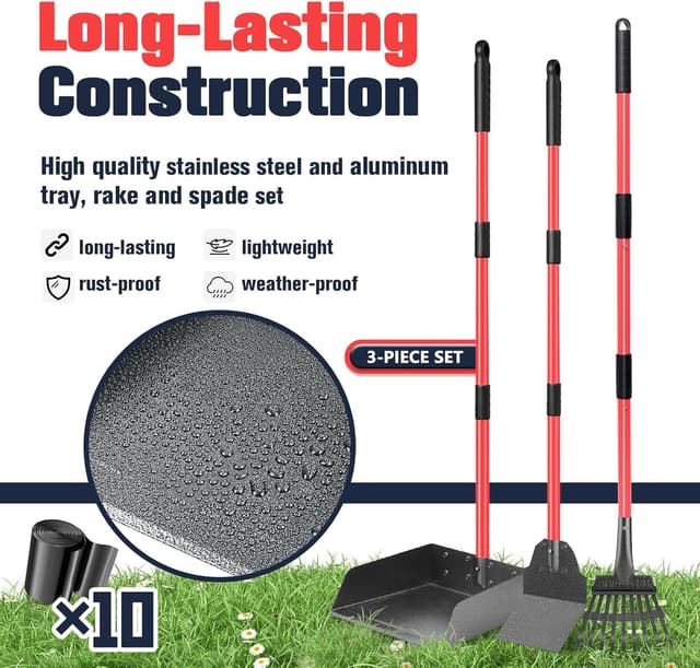 Detalle 2 de Dog Pooper Scooper Tray, Rake & Shovel Kit with Adjustable Metal Long Handle (plus 10 Waste Bags)