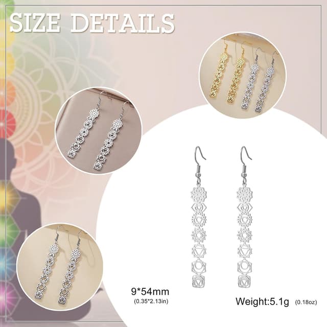 Detalle de Dreamtimes 7 Chakra-Ohrringe aus Edelstahl für Frauen mit spirituellem Heilungsanhänger