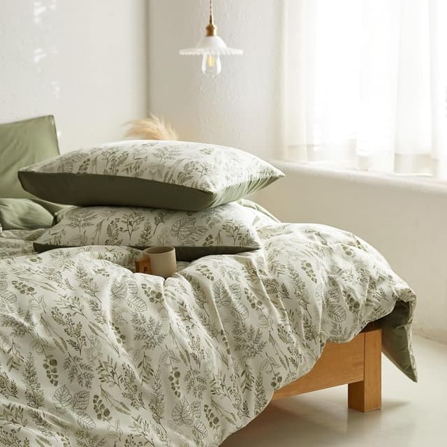 Thumbnail 6 de Tospass Housse de couette 220x240 cm microfibre vert olive à fleurs avec fermeture éclair et 2 taies 65x65 cm