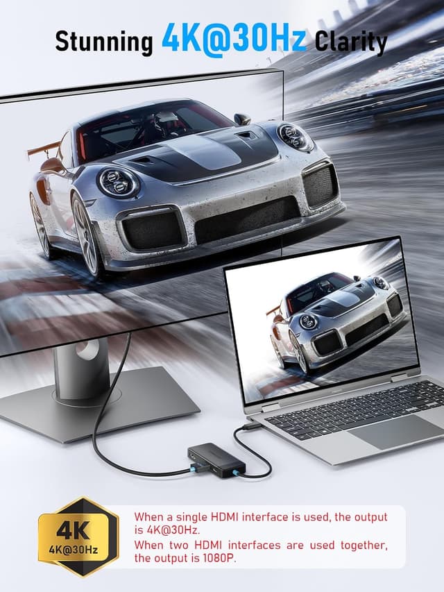 Detalle 2 de Lemorele Hub USB-C 6 in 1 con doppio HDMI 4K@30Hz, USB 3.0 e PD 100W per docking dual monitor