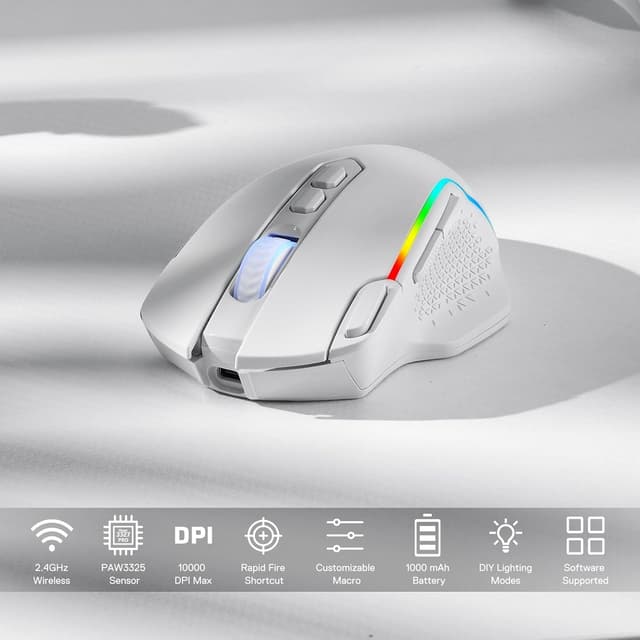 Detalle de Redragon M810 Pro kabellose Gaming-Maus (2,4 GHz) mit bis zu 10.000 DPI, 8 Makrotasten und Schnellfeuertaste