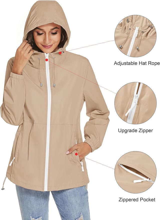 Detalle de TCOT Women’s Waterproof Rain Jacket Windbreaker (Packable Lightweight Rain Coat)
