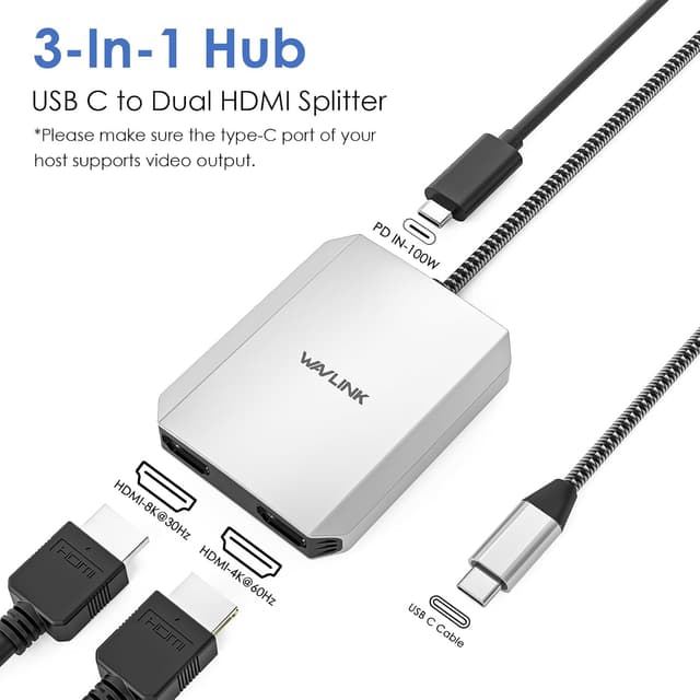 Detalle 2 de WAVLINK Dual USB-C to Dual HDMI Adapter (Dual 4K@60Hz with 100W Power Delivery) for Dell XPS, HP, Lenovo & Thunderbolt 3/4 laptops
