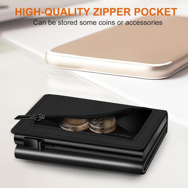 Detalle 2 de Men’s Wallet Credit Card Holder with Pop-up Card Case, RFID Blocking & Coin Pocket (Top Grain Leather + 6063 T5 Aluminium)