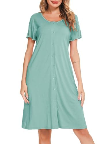 Detalle de Lovasy camisón de lactancia de verano con botones y bolsillos, manga corta (verde claro)