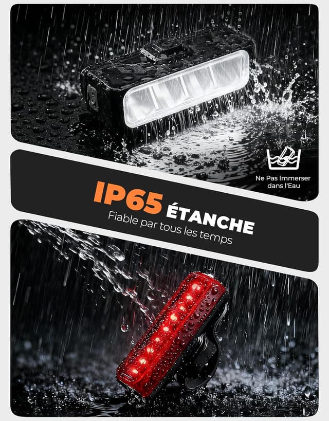Thumbnail 5 de EOIWUY Lumière de vélo avant et arrière 1500 lm, 4+5 modes USB Type-C étanche IP65