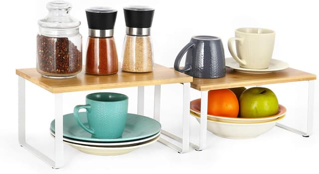 Detalle de NEX Bamboo Kitchen Cabinet & Counter Shelf Organizer (Set of 4) — Stackable, Expandable, White & Natural