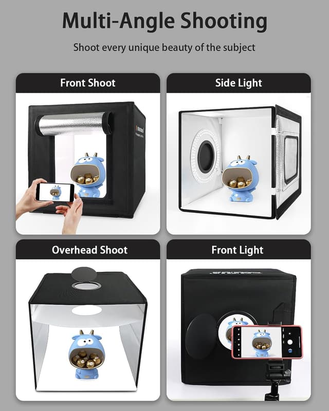 Detalle de DUCLUS Fotobox Set (25×25 cm) mit 96 LEDs & 6 PVC-Hintergründen – faltbare Mini-Lichtbox für Produktfotos