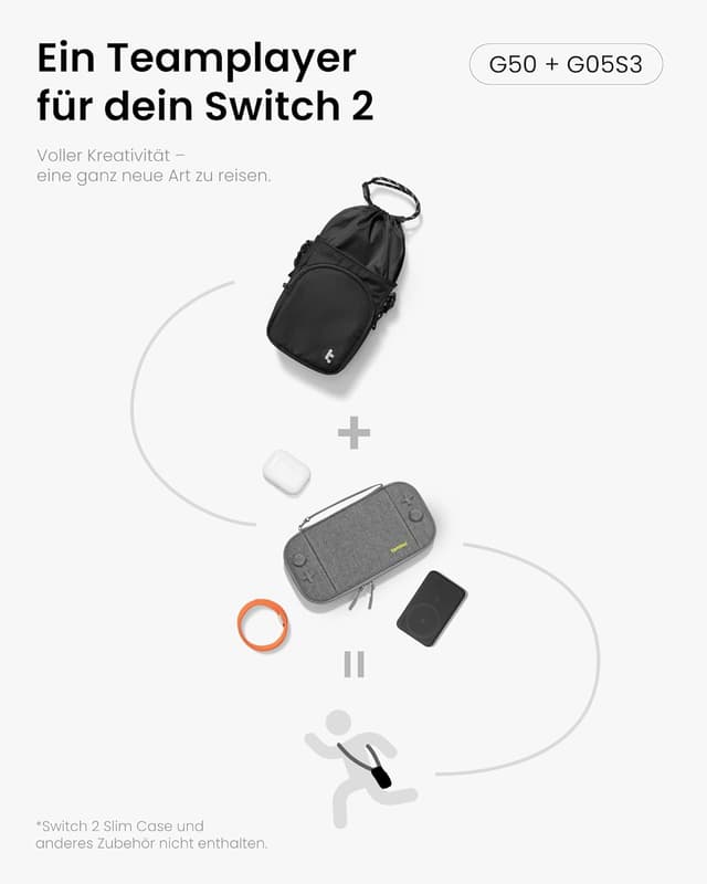 Detalle de tomtoc JoyCarry Sling Umhängetasche für Nintendo Switch 2 Slim Case – 33 × 16 × 8 cm, 3,5 l, leicht (200 g)