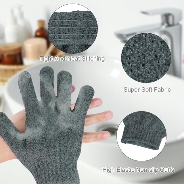 Detalle de Vicloon Peeling-Rückenreiniger: 2 Paar Peelinghandschuhe & doppelseitiger Rückenpeeling-Waschlappen mit Griffen