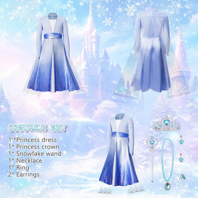 Detalle 2 de Costume Principessa Bambina AUYAO con corona, bacchetta e gioielli (abito blu) per Halloween, Natale e Carnevale