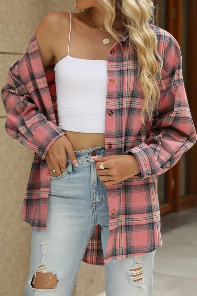 Detalle de CHYRII Women’s Button-Down Flannel Plaid Shirt Shacket (Long Sleeve) — Buffalo Plaid Work & Casual Top