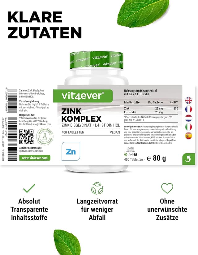 Detalle de Zink 25 mg (Albion Zinkbisglycinat) + L-Histidin – 400 Tabletten Premium