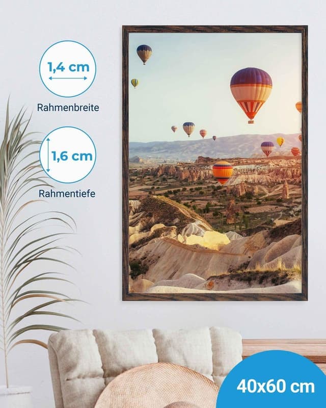 Detalle 2 de PHOTOLINI Bilderrahmen 40x60 in dunkler Eiche (MDF) mit bruchsicherem Acrylglas, zum Aufhängen