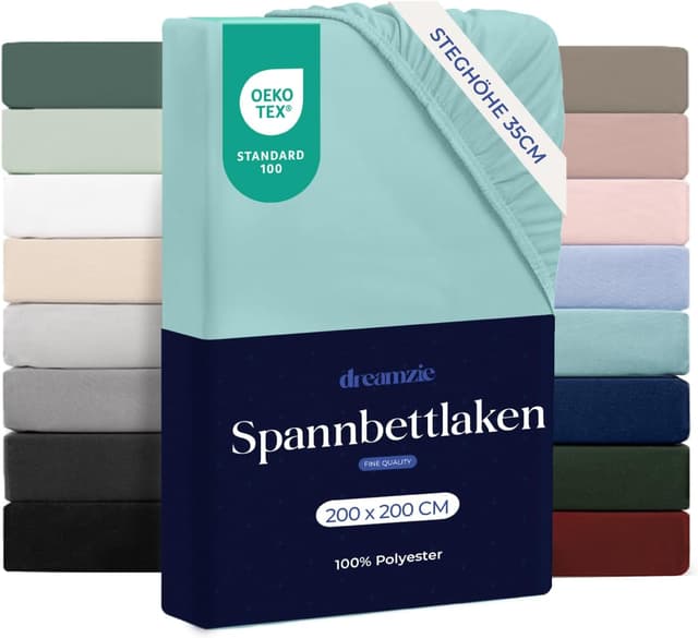 Detalle de Dreamzie Spannbettlaken 200x200 aus Mikrofaser – tiefes Spannteil bis 33 cm, Oeko-Tex Aqua