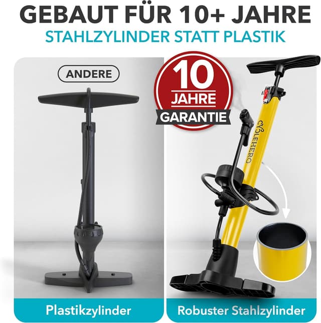 Detalle de CYCLEHERO Fahrradpumpe alle Ventile mit Manometer – Standpumpe bis 160 PSI (11 bar) und 10 Jahre Garantie