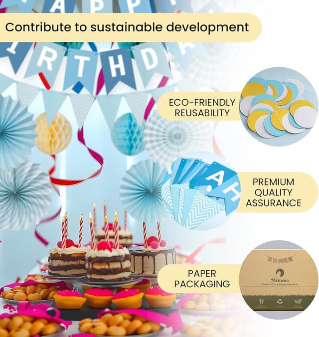 Detalle de Meowoo Geburtstagsdeko in Blau – Happy Birthday Girlande, Wimpelkette, Wabenblumen und Papierfächer (wiederverwendbar)