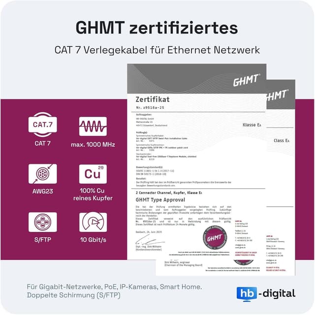 Detalle 2 de HB-DIGITAL Outdoor-Netzwerkkabel CAT 7, 25 m, für direkte Erdverlegung – GHMT zertifiziert, S/FTP, AWG23