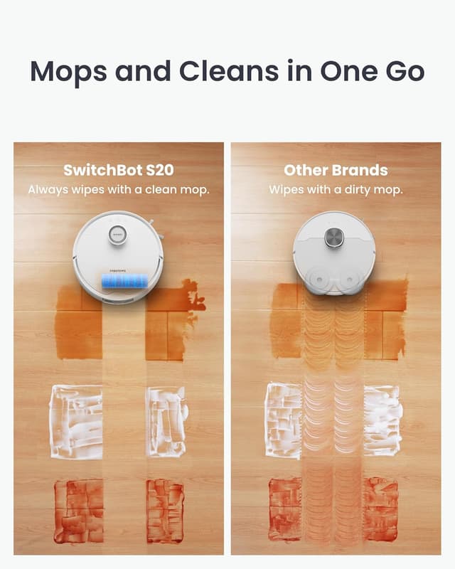 Detalle 2 de SwitchBot S20 Robot Vacuum Cleaner with Mop: 10,000Pa suction, AI obstacle avoidance and auto mop washing