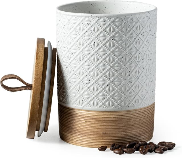 Detalle de Miamolo Large Ceramic Coffee Canister with Airtight Wooden Lid (28 fl. oz), Stackable White Storage Jars