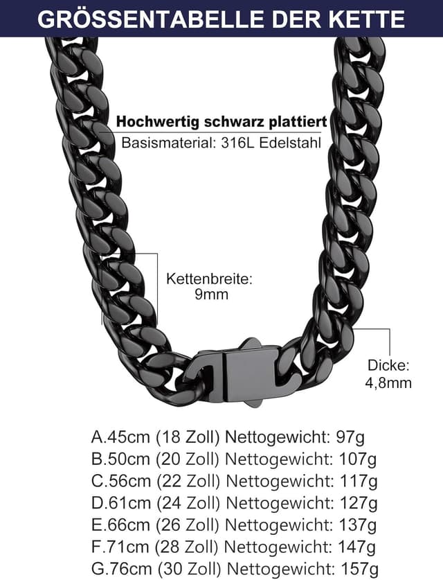 Detalle de Bandmax Panzerkette Herren aus Edelstahl (316L) 5/7/9/12 mm – kubanische Gliederkette schwarz mit auswahlbarer Länge