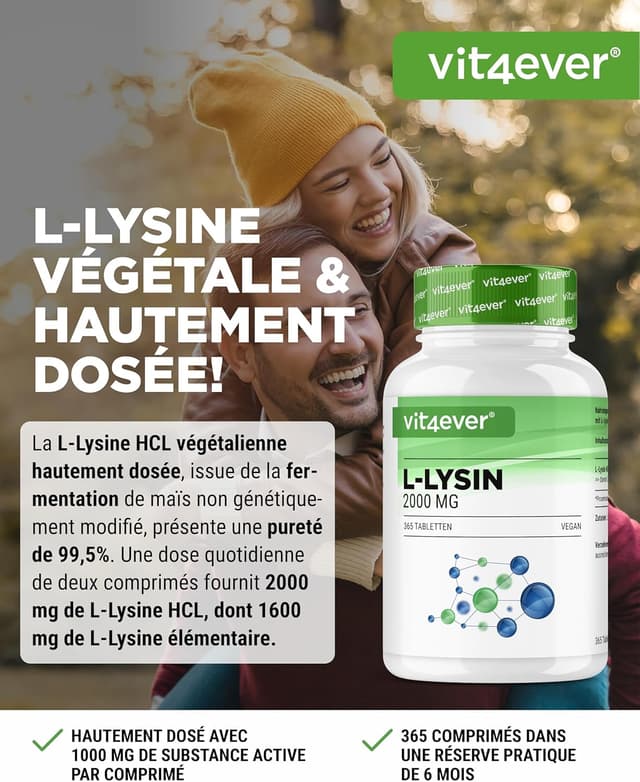 Detalle de L-Lysine HCL vit4ever – 365 comprimés, dose quotidienne de 2 000 mg
