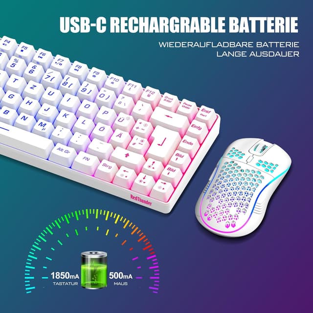 Detalle 2 de RedThunder 75% kabelloses Gaming-Tastatur-und-Maus-Set (QWERTZ) inkl. wiederaufladbarem Akku – 2,4-GHz, 85 Tasten, Weiß