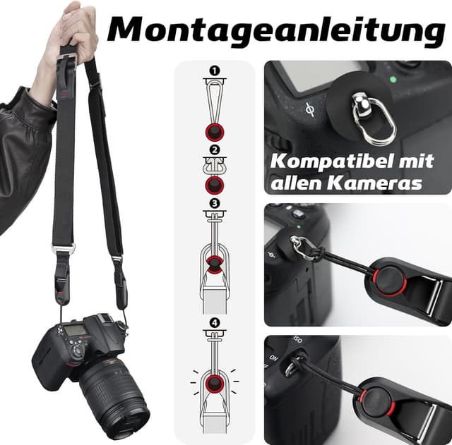 Detalle 2 de Sunya Kameragurt mit Schnellverschluss aus Nylon, einhändige Längeneinstellung (max. 90 kg, Schwarz)