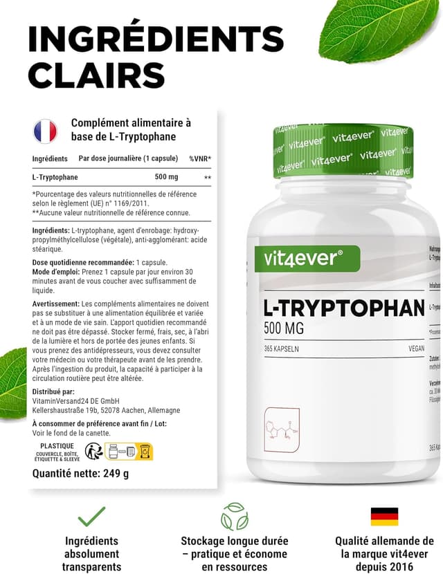 Thumbnail 4 de L-tryptophane 500 mg 365 gĂ©lules đ