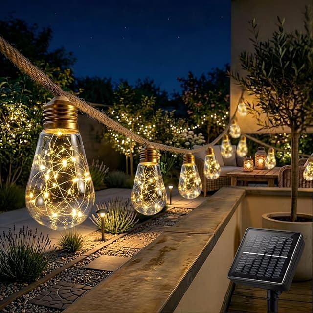 Detalle de Cnulenzt Solar-Lichterkette außen mit 16 Vintage-Glühbirnen, 8 Modi, 8 m – IP65 (Warm Weiß)