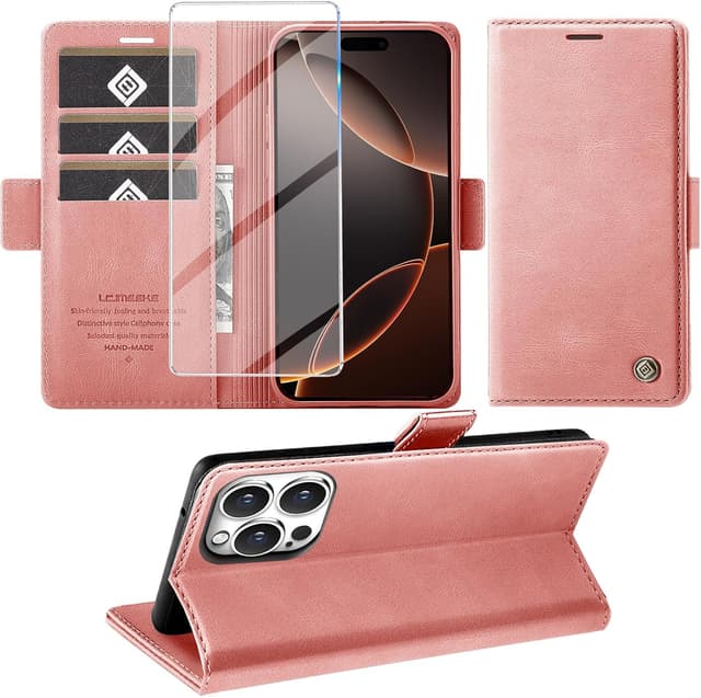 Detalle de Giyer Handyhülle für iPhone 16 Pro: Klapphülle mit Kartenfach, Schutzfolie und Standfunktion (Rosa)