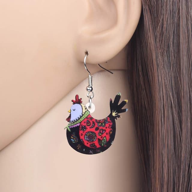 Detalle 2 de DOWAY Cute Huhn/Henne Hahn Ohrringe aus Acryl – bunte baumelnde Hühner-Designs für Party & Geschenke