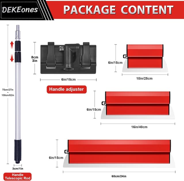 Detalle de DEKEones Flächenspachtel-Set mit Edelstahl-Spachtelklingen (10", 16" & 24") und Teleskop-Verlängerungsstange 28"–62