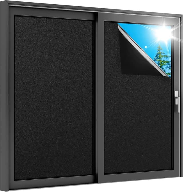 Detalle de rabbitgoo Schwarze Fensterfolie zur Verdunkelung 60 x 200 cm mit Gitter-Design, selbsthaftend