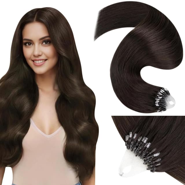Detalle de LaaVoo Microring Extensions Echthaar, dunkelstes Braun #2, 40 cm (Micro Loop, Remy, 50 g)