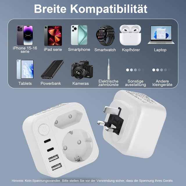 Detalle de Dalimee Reiseadapter UK Typ G (7 in 1) für England/Irland/Schottland & Dubai – Adapter von EU auf UK